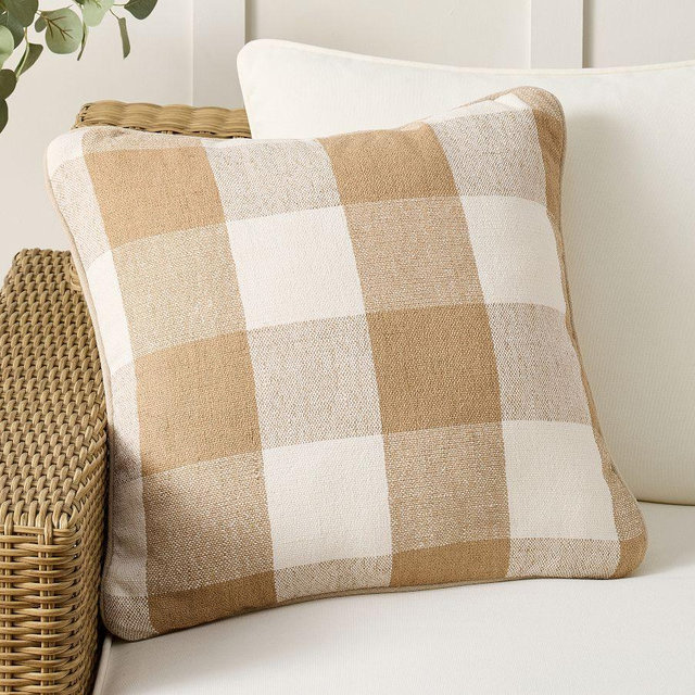 Sawyer Check Outdoor Pillow, Camel, 22"