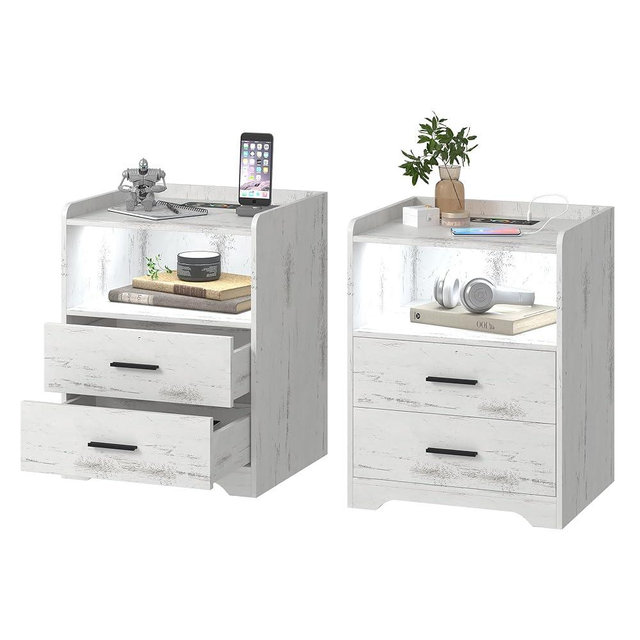 dnbss Rustic White Nightstand Set of 2 with Charging Station, Smart Nightstand with RGB LED Lights, Bedside Table with 2 Drawers, Night Stands for Bedroom