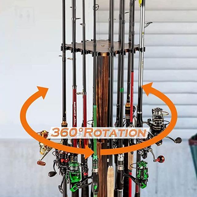 Fishing Rod Pole Holders for Garage 360 Degree Rotating Fishing Rod Pole Rack, Spinning Floor Stand Holds up to 16 Rods Wood Fishing Gear Equipment Storage Organizer, Fishing Gifts for Men