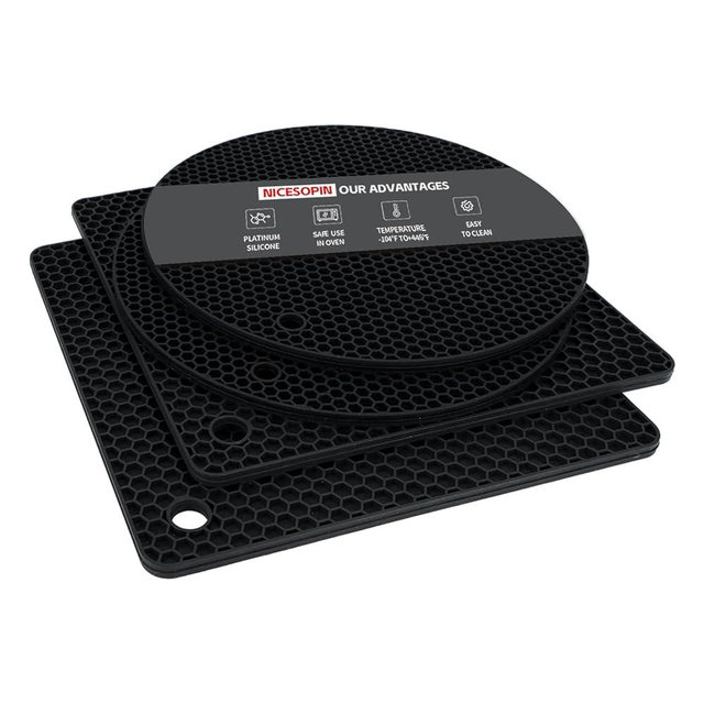 NICESOPIN 4 Pack Silicone Pot Holders & Hot Pads - Heat Resistant Non-Slip Mats for Kitchen Countertops, Trivets for Hot Dishes, Dishwasher Safe & BPA-Free (Black)