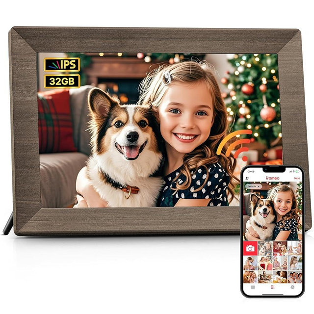 Frameo 10.1" Digital Picture Frame, Smart WiFi Digital Photo Frame with 1280x800 HD IPS Touch Screen 32GB Memory Auto-Rotate Wall Mounted, Share Photos/Videos from Phone Anywhere(Gray Wood)