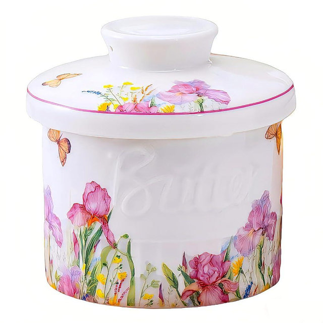 COPORISO Butter Crock with Lid for countertop, Ceramic French Butter Dish with Water Seal, Floral Butter Keeper for Spreadable Butter, Butter Container Holder for Kitchen and Home Decor, Pink Floral