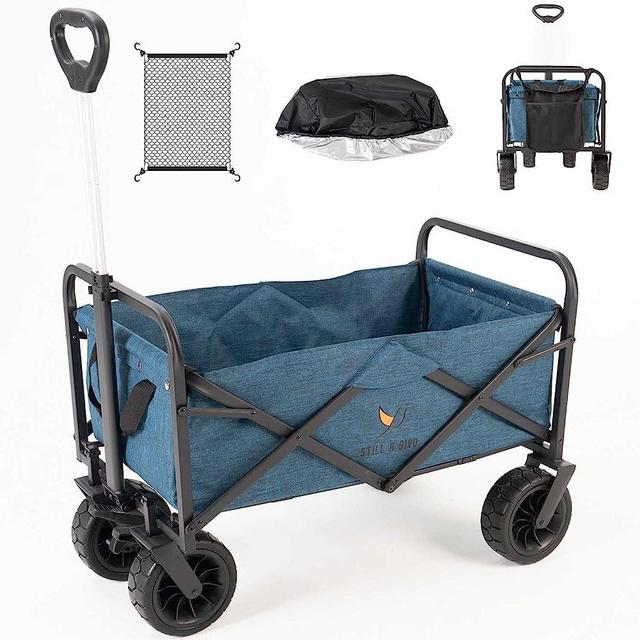 Folding Wagon Cart Outdoor Camping Wagon with Waterproof Cover Net for Protection 360 Degree Wheels (Navy Blue)