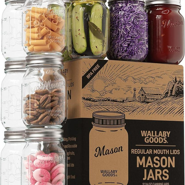 Wallaby 16oz Regular Mouth Clear Mason Jars with Lid & Seal Bands - Airtight Glass Container for Canning, Pickling, Food Storage, Candles, Home Decor, Overnight Oats, Fruit, Jam, Jelly, DIY (12-Pack)