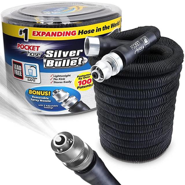 Pocket Hose Original Silver Bullet (100 Ft) Lightweight Water Hose by BulbHead - Expandable Garden Hose That Grows with Lead-Free Connectors - Safe Drinking Water Hose – Kink-Resistant & Stores Easily