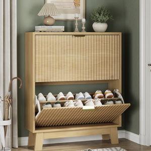 Shoe Cabinet with 2 Flip Drawers, 37" Tall Narrow Fluted Shoe Storage Organizer for Entryway, Hidden Slim Wooden Shoe Rack Cabinet for Front Door Entrance, Hallway, Living Room, Natural Oak