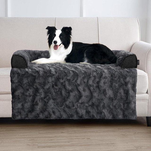 blunique Calming Large Dog Bed for Couch, 41 x 37 inch Removable Couch Cover for Dogs Washable, Non-Slip Fluffy Plush Dog Sofa Mat for Furniture Protector - Dark Grey