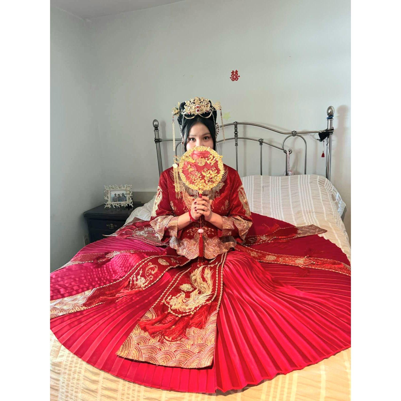 Chinese traditional wedding where I am in auspicious red locked in my childhood bedroom at my mom's house waiting for my groom to take me away!