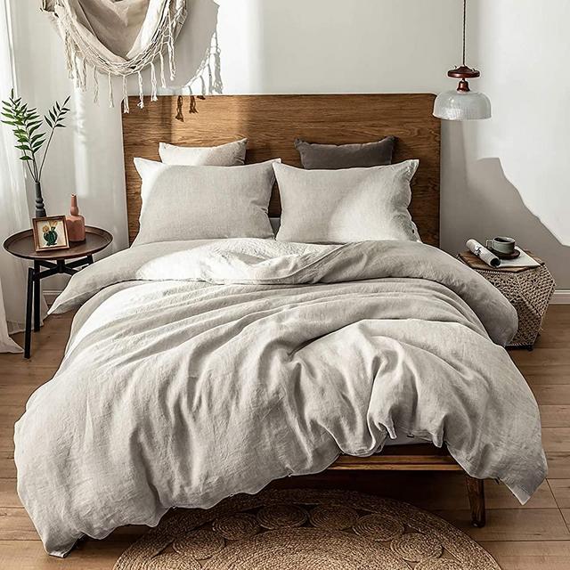Simple&Opulence 100% Linen Duvet Cover Set, 3 Piece Belgian Flax Breathable Bedding, Queen Size-88''x 92'' (1 Comforter Cover+2 Pillowshams) with Coconut Button Closure-Natural Linen