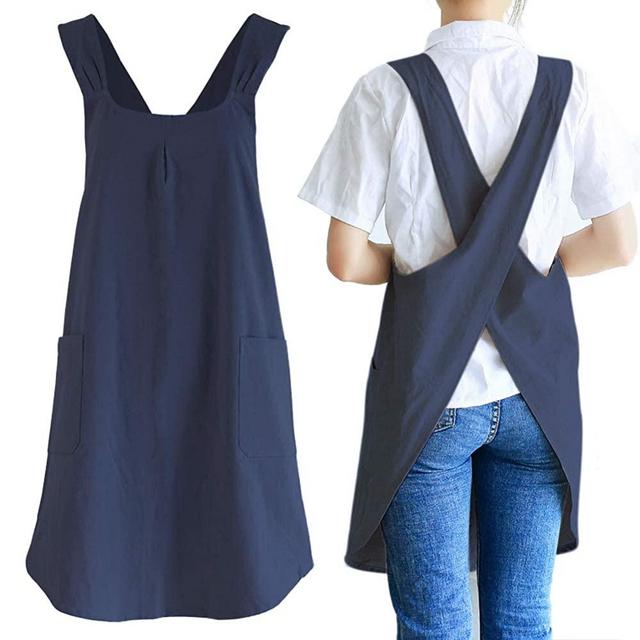 Japanese Linen Cross Back Kitchen Cooking Aprons for Men with Pockets for Baking Painting Gardening Cleaning Navy Blue