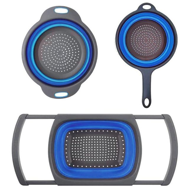 Collapsible Colander Set – 3-Pcs Set with Over the Sink Colander, Round Collapsible Strainer, Pasta Strainer – Food-Grade Silicone Strainer Set – Kitchen Colander for Draining Vegetables, Pasta, Fruit
