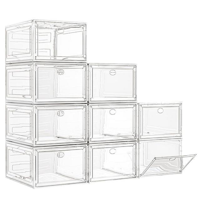 Large Clear Shoe Boxes Organizer【Thicker Material】Stronger Shoe Box with Magnetic Door, Stackable Shoe Storage Box for Closet, Foldable Space-Saving Storage Bins, Transparent and White 【9-Pack】