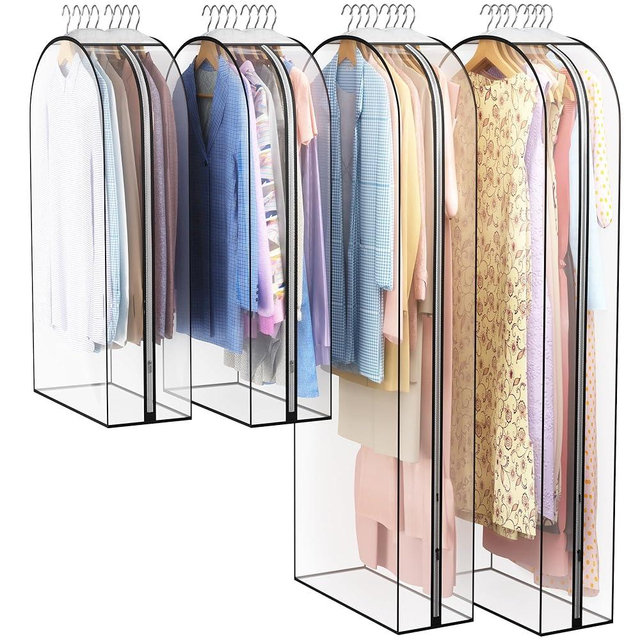 Liuoud Clear Garment Bag for Hanging Clothes 10” Gusseted, 40&60” Suit Bags for Open Closet Storage Plastic Clothes Cover for Coat, Dress, Shirts, Fur, Jacket, Wardrobe Protectors, 4 Pack