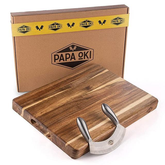Papa Oki Wood Cutting Board - Chopping Board, Large Acacia Wood Prep Deck for Kitchen. Comes with Curved Mezzaluna Chopper Knife. Unique Dish Dock for Mess Free Chopping. Innovative and Sustainable.