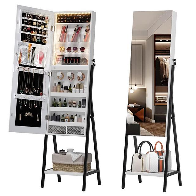 LVSOMT 3 LEDs Free standing Jewelry Cabinet with Full- Length Mirror, Lockable Jewelry Armoire Organizer, Large Floor Dressing Body Mirror with Jewelry Storage for Earrings Rings Necklace Cosmetic