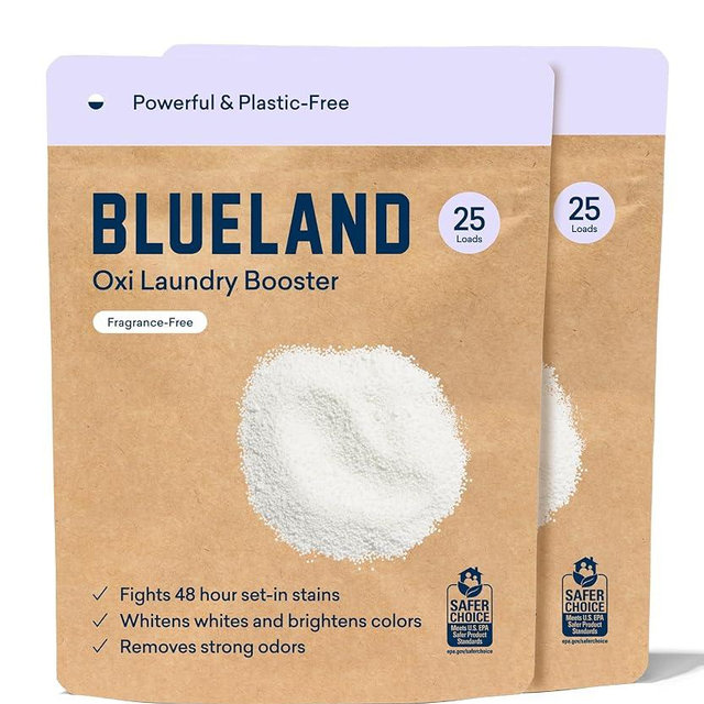 BLUELAND Oxi Laundry Booster Powder Refill 2-Pack, Unscented, 50 Loads, 35.2 oz, Plastic-Free Eco Friendly Oxy Cleaner Stain Remover