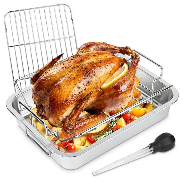 DOLAMOTY Turkey Roaster Roasting Rack with Pan, 15.6*11.6*2.8 inch Stainless Steel Roasting Pan with U Rack and Flat Rack for Smoker Smoking/Dual Purpose fit for Large Big Green Egg and Kamado Joe Etc