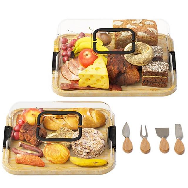 JAPISADI 2-Pack Charcuterie Boards Set with 4" Heightened Lid - 14.2" & 13.4" Bamboo Trays + 4-Piece Stainless Steel Cheese Knives, Locking Handles for Travel & Entertaining