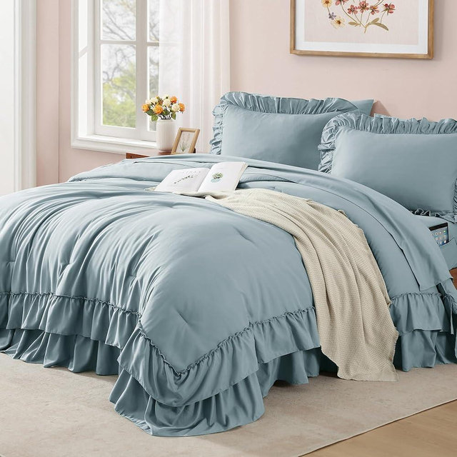AMBERSPACE Queen Comforter Set Dusty Blue, Ruffle Shabby Chic Bedding Set Farmhouse 7 Pieces, All Season Fluffy Bed in a Bag with Sheets, Pillowcases & Shams