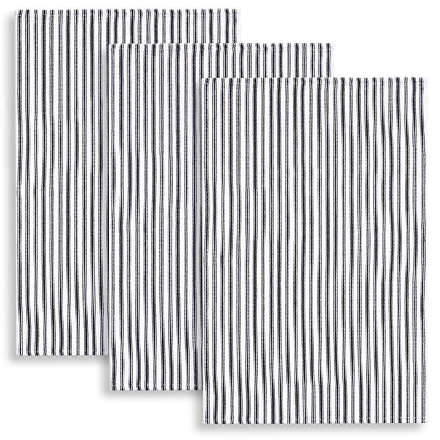 Cackleberry Home Navy Blue and White Ticking Stripe Woven Cotton Kitchen Towels 18 x 28 Inches, Set of 3