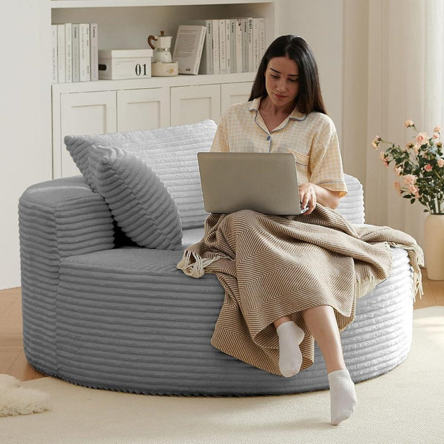LUCKHAO 55'' Oversized Round Lounge Chair, Corduroy Upholstered Indoor Chaise, Cloud Soft Large Circle Sofa Bed for Reading,Living Room,No Assembly Required,Light Grey