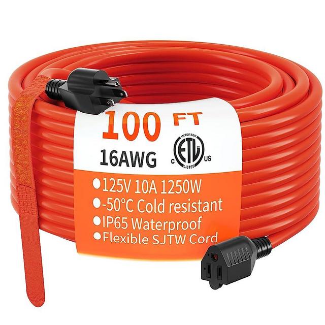 100 FT 16 Gauge Indoor Outdoor Extension Cord Waterproof, Flexible Cold Weather 3 Prong Electric Cord Outside, 10A 1250W 125V 16AWG SJTW, Orange ETL Listed HUANCHAIN