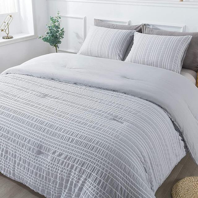 Andency Seersucker Comforter Set Queen Size (90x90 Inch), 3 Pieces (1 Stripe Grey Comforter, 2 Pillowcases), Gray Soft Microfiber Down Alternative Comforter Bedding Set