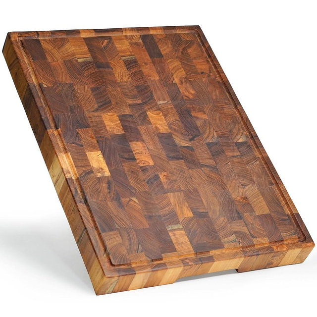 SHUMARU Teak End-Grain Wood Cutting Board - 20x15x2” Butcher Block | Handmade in Bali - Silky-Smooth, Juice Groove, Knife‑Friendly, Ergonomic Grips & Non‑Slip Feet