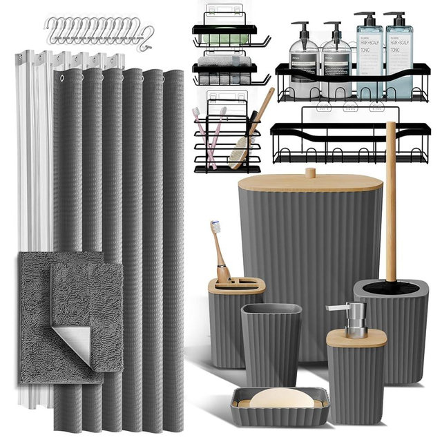 Bathroom Accessories Set with Shower Caddy and Bath Rugs, 27PC Bathroom Accessory Set with Shower Caddies Grey Bath Rugs, Shower Curtain Set, Toilet Brush, Trash Can, Soap Dispenser, Toothbrush holder