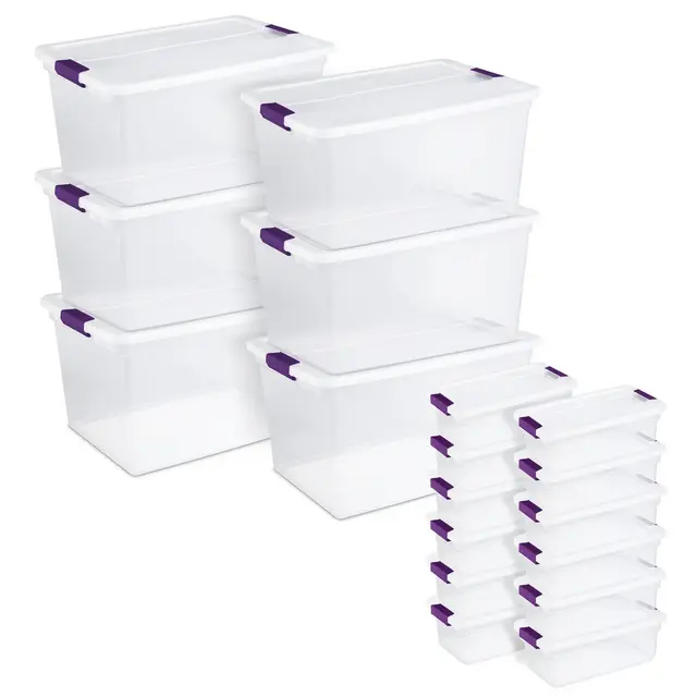 Sterilite Clear Plastic Latching Lid 66 Quart Storage Container Tote, 6 Pack and 6 Quart Shoe Box Bin, 12 Pack for Home Organization