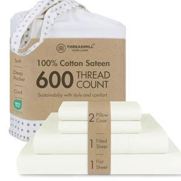 Threadmill 100% Cotton Sheets for Queen Size Bed - 600 Thread Count Queen Bed Sheets Set with 16” Deep Pocket - Sateen Weave 4-Piece Bedding Set with Cooling Effect, Ivory