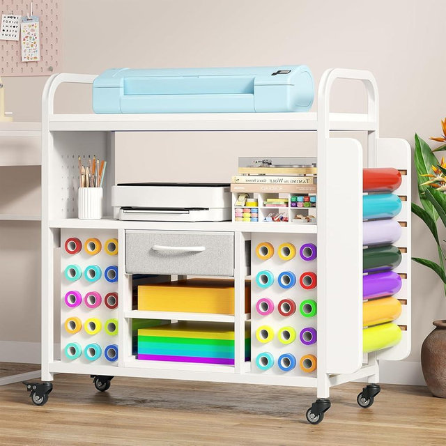 Craft Organization and Storage Cart with Wheels, Vinyl Roll Holder & Hook Up, Large Rolling Craft Table with Storage Drawer, Organizer Crafting Cabinet Cutting Stand Compatible for Cricut Machines