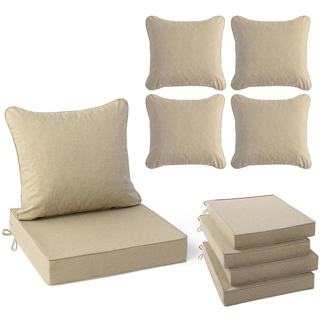 Summsun Outdoor Chair Cushions Set of 4, Faux Linen Patio Furniture Cushions, Water Resistant Backrest and Seat Cushion Set with Ties, Removable Cover, Non-Slip Bottom, 19 x 19 Inch, Nature