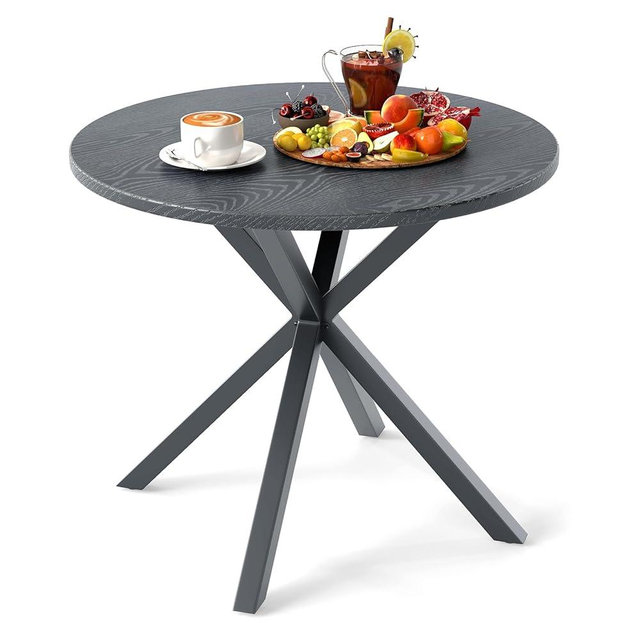 Tangkula Round Patio Dining Table, 35.5 Inches Outdoor Heavy Duty Metal Frame Dinner Table with Wood-Like Top & X-Shaped Legs, for Outside,Balcony, Backyard, Lawn & Garden