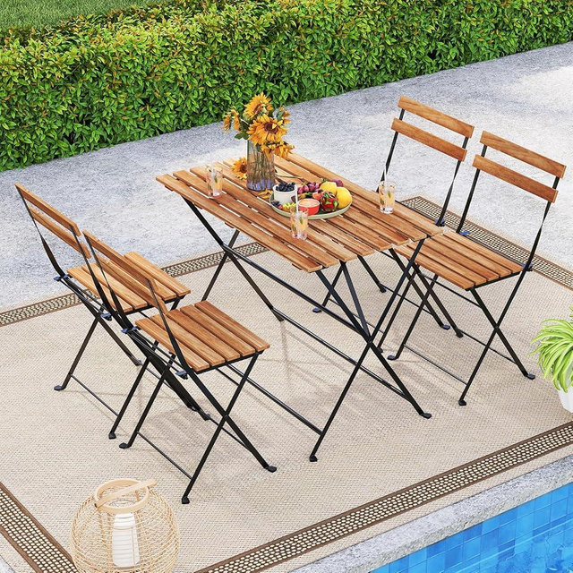 Tangkula 5 Piece Patio Folding Dining Table and Chair Set, Outdoor Space Saving Rectangular Acacia Wood Table and Foldable Chairs with Metal Frame, for Yard Porch Deck Backyard