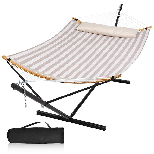 Mansion Home Double Hammock with Stand for Outside, Quick Dry Hammock with Curved Spreader Bars, Pillow and Carrying Bag, 450 Lbs Capacity, Light Brown Stripe