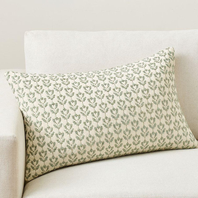 Redondo Jacquard Lumbar Pillow Cover, Ivory/Sage, 16" x 26"