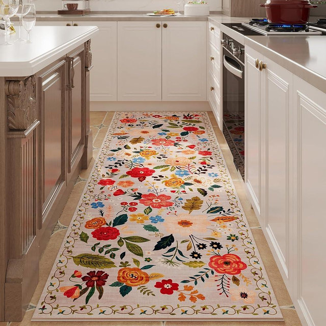 Rugcomf Runner Rug for Hallways Kitchen Runner Rug Non Slip 2'6''x8' Washable Runner Rugs with Rubber Backing Soft Floral Carpet Runner for Hallways, Kitchen, Laundry, Bedroom, Bathroom(Beige)