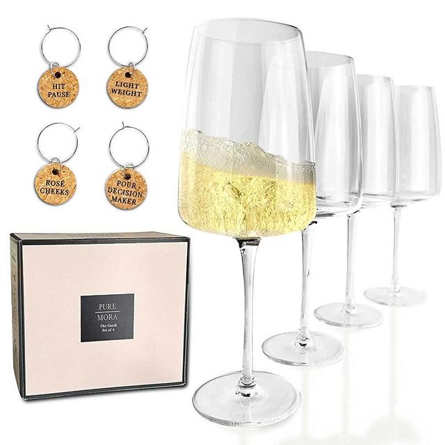 PURE MORA The Candi White Wine Glasses - Set of 4, 15 oz, Modern Hand Blown Crystal Glass, Perfect for Tasting Rose, Chardonnay, Riesling Etc. Unique, Fancy, and Dishwasher Safe, Gift for Women