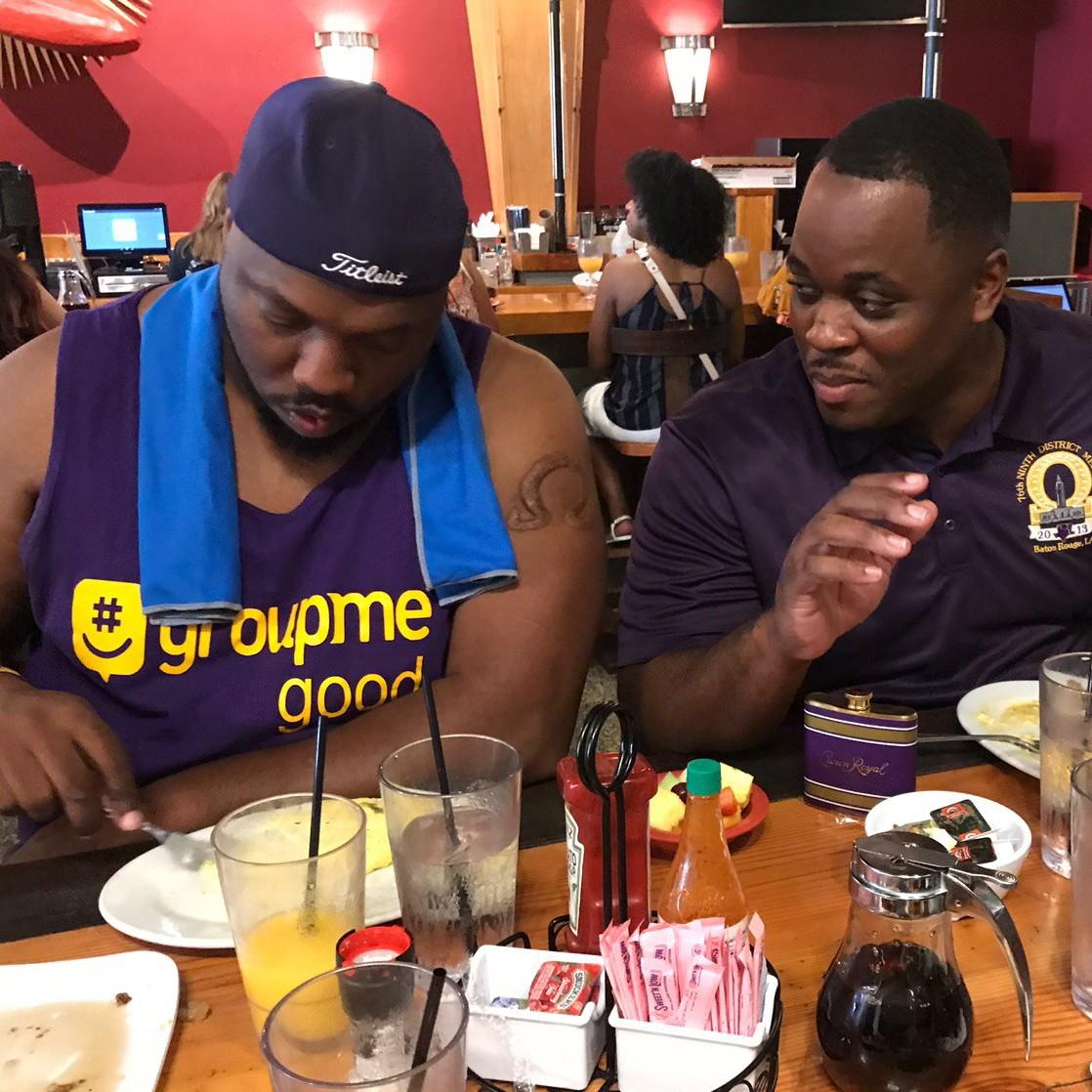 Good friends breaking bread.