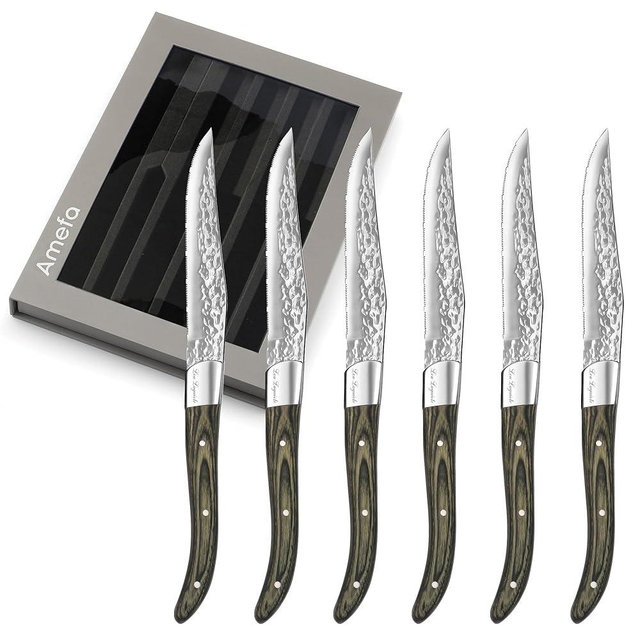 Amefa Lou Laguiole Vulcano Steak Knife, Set of 6 - Hammered Stainless Steel Blades with Micro-Serrated Edge, Triple-Rivet Pakka Wood Handles, Elegant Gift Box for Home Dining & Special Occasions