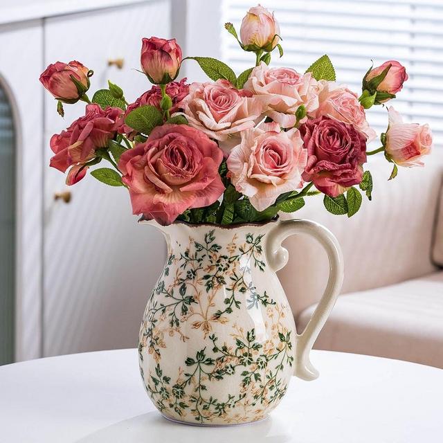 Green and White Vintage Vase with Handle, Chinoiserie Floral Pitcher Vase, Rustic Ceramic Farmhouse Vases for Home Decor, Living Room, Bookshelf, Office, Grand Millennial Decor, Tuscan Decor 7.9 Inch