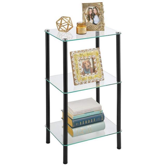 mDesign Home Floor Storage Rectangular Tower, 3 Tier Open Glass Shelves - Compact Shelving Display Unit - Multi-Use Home Organizer for Bath, Office, Bedroom, Living Room - Black/Clear