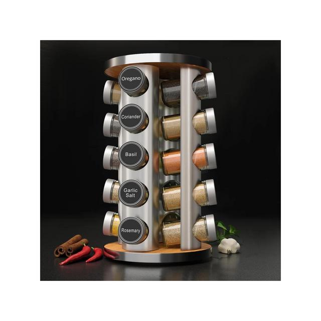 Rotating Spice Rack Organizer with 20 Glass Jars and 386 Labels – Revolving Countertop or Cabinet Spice Holder