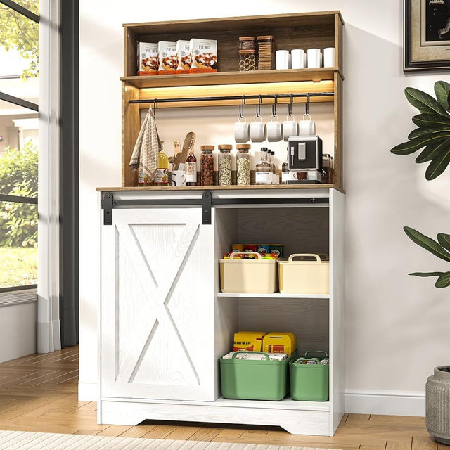 Linkriseed Farmhouse Coffee Bar Cabinet with LED Light, 55 Inch Bakers Rack with Storage, Large White Coffee Bar Hutch with 6 Hook, Kitchen Buffet Cabinet with Sliding Barn Door for Living Dining Room