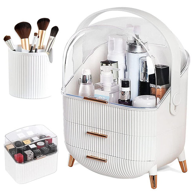 CANITORON Makeup Storage Organizer,Cosmetics Display Case with Brush,Lipstick Organizer and Transparent Cover,SkinCare Organizers for Bathroom Countertop,Bedroom Vanity Desk and Travel -T3 White.