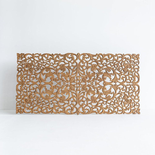 Queen Size Low Profile Headboard, Hand Carved Solid Teak Wood, Country House Wall Decorative Panels, Rustic Brown Color, 60x30 inches