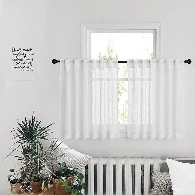 PONY DANCE Short Window Curtains - Linen Look Semi Sheer White Voile Valance Casual Back Tab Drapes for Small Bathroom Basement, 52 Wide x 36 Long, 2 Panels