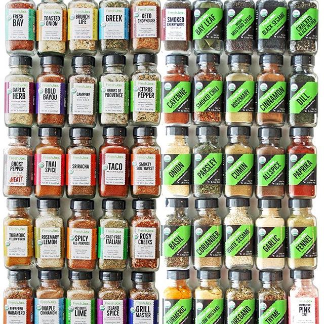 FreshJax Premium Gourmet Organic Kosher Seasonings and Spices, Essentials Collection, Organic Variety Spice Jar Gift Set (50 pack)