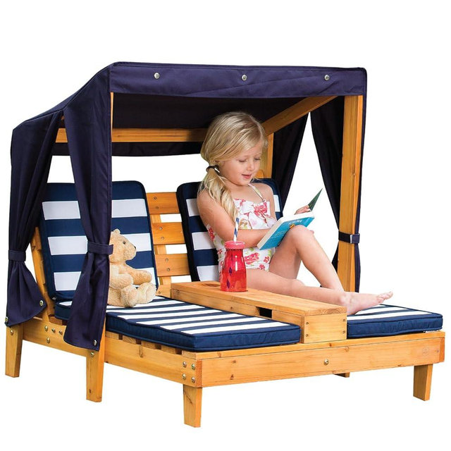 KidKraft Wooden Outdoor Double Chaise Lounge with Cup Holders, Kid's Patio Furniture, Honey with Navy and White Striped Fabric, Gift for Ages 3-8